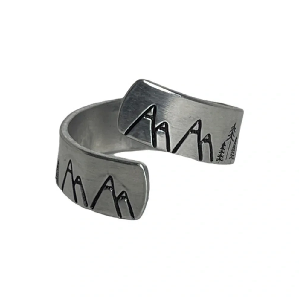 Handmade 8/9 stamped forest & moose silver‎ hypoallergenic adjustable wrap ring
